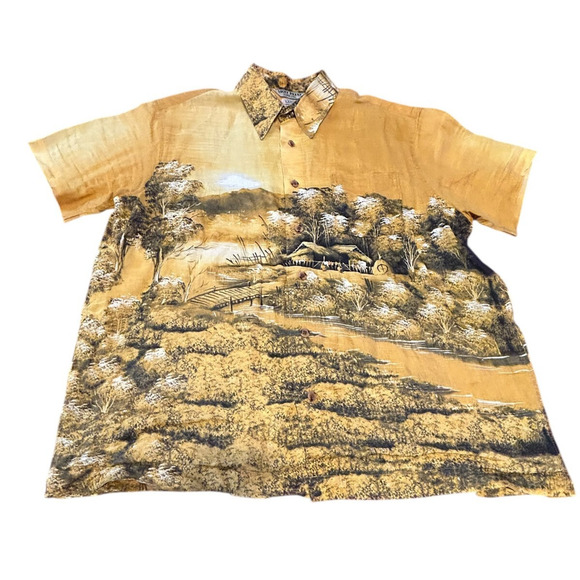 Lucky Brand Linen Button Up Shirt Mens L Yellow Island Vibe Short Sleeve Hut - Picture 2 of 11